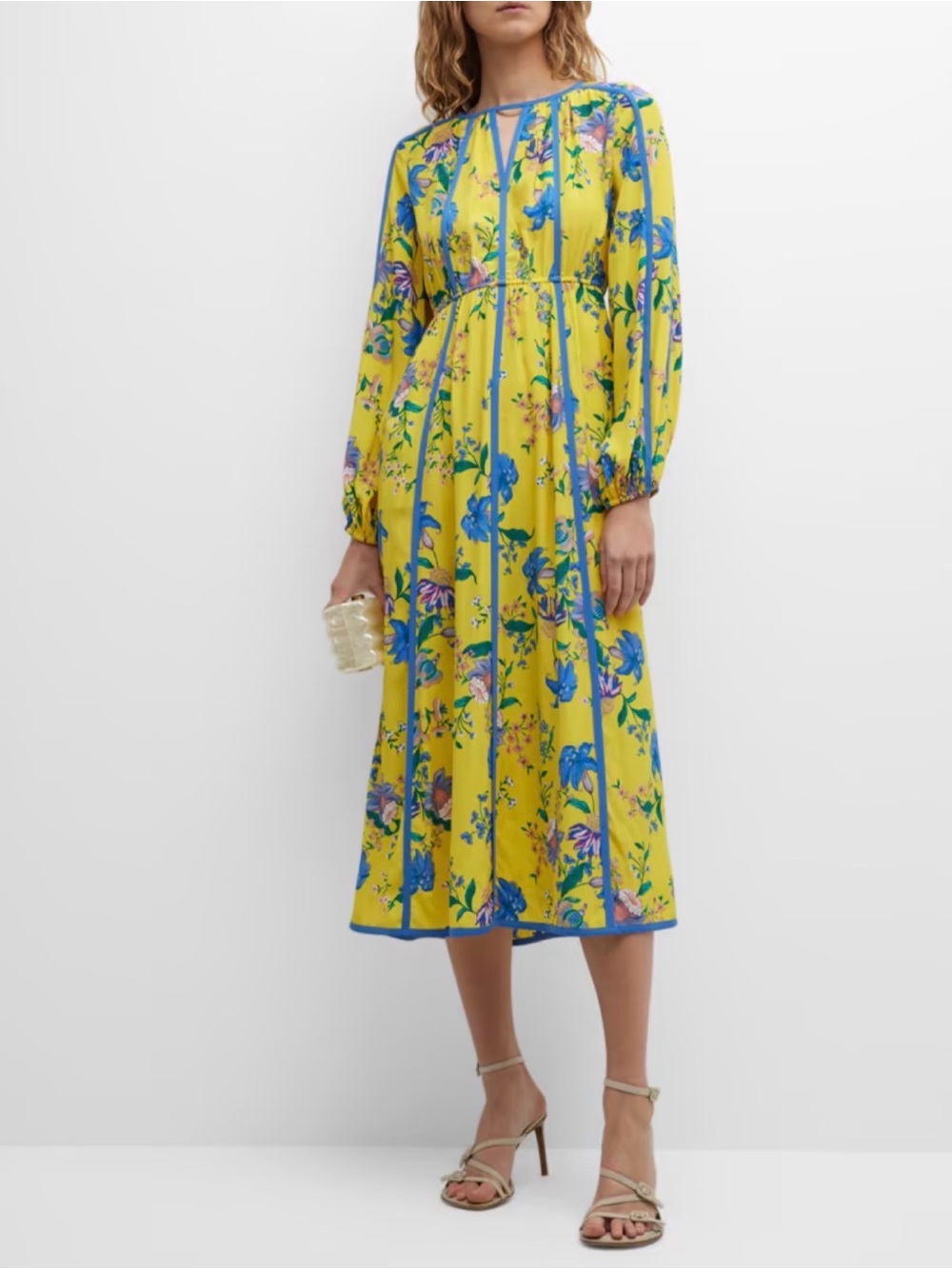 Diane Von Furstenberg Yellow Floral Long-Sleeve Midi Dress with Blue Trim